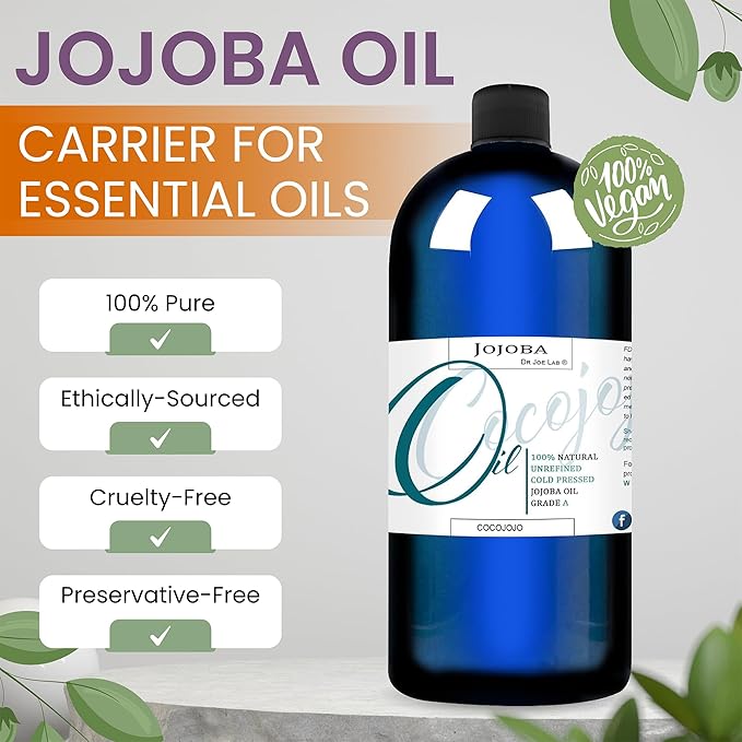 Dr Joe Lab Jojoba Oil Organic, Jojoba Oil for Hair Growth, Jojoba Oil for Skin, Jojoba Oil for Face, 100% Pure Natural, Cold Pressed, Deep Moisturizing Anti-Aging, Essential Oils - 32 Fl Oz