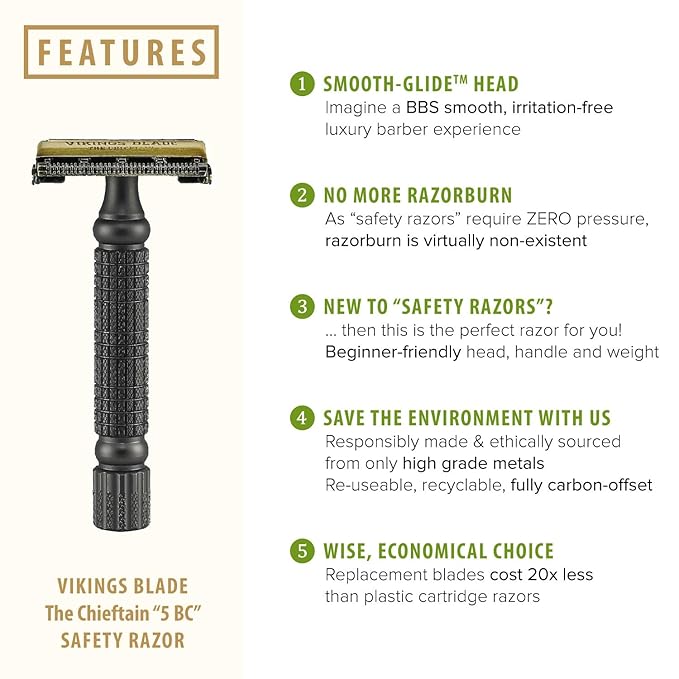 VIKINGS BLADE Double Edge Safety Razor for Men + 5 Swedish Steel Blades + Luxury Case. Smooth, Reusable, Recyclable (Chieftain “5 BC”)