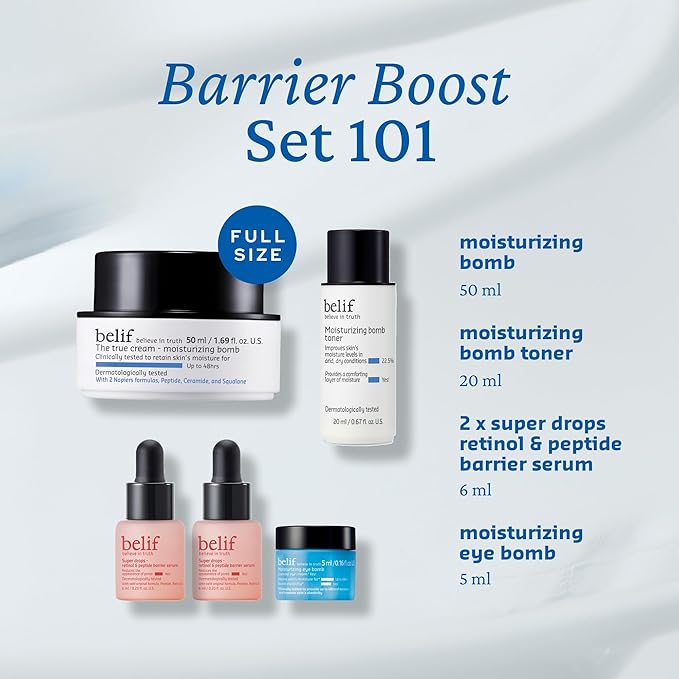 belif Barrier Boost 101 Limited Edition Set: Full Size Moisturing Bomb 50ml & Deluxe Size Moisturizing Bomb Toner, 2x Retinol & Peptide Barrier Serum, Moisturizing Eye Bomb, 5 Piece Kit