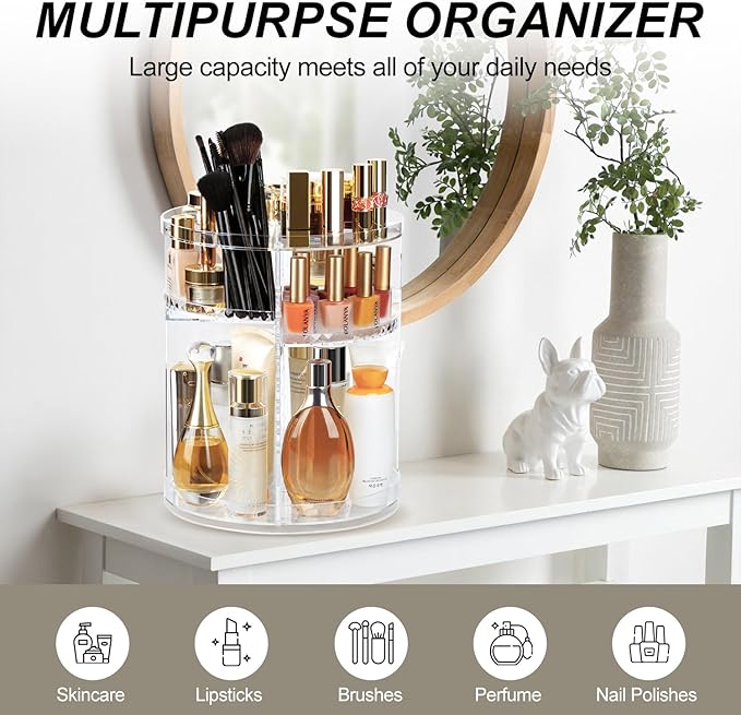 AMEITECH Rotating Makeup Organizer, 360 Spinning Skincare Organizers, 8 Adjustable Layer Cosmetic Storage Case with Brush Holder Perfume Tray for Vanity Bathroom Countertop - Large