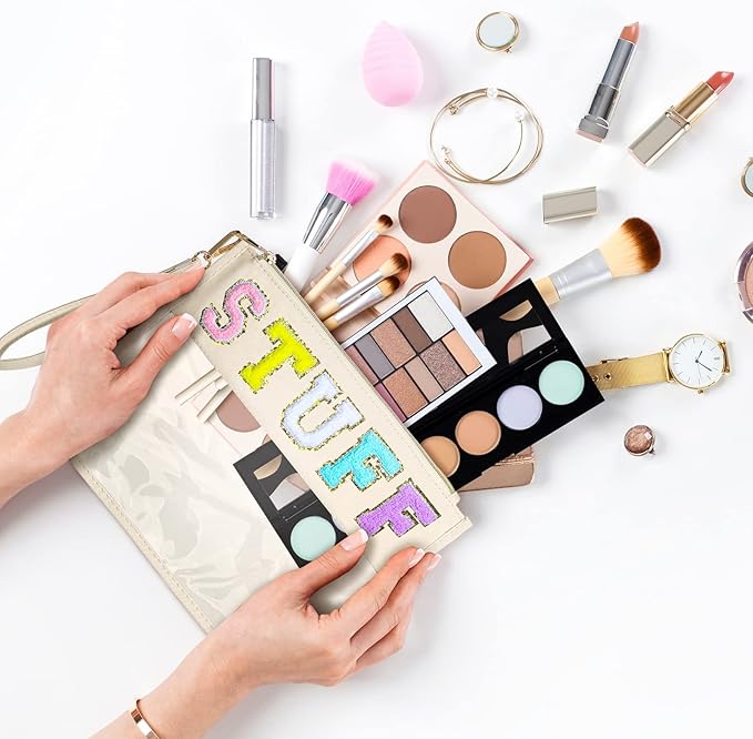 Buryeah 4 Pcs Chenille Letter Pouch Flat Nylon Clear Snack Bags Flat Multipurpose Zipper Makeup Bag for Travel Toiletry Bag Water-proof Cosmetic Pouch for Women(Cute Style)