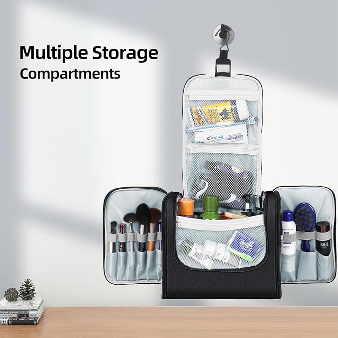 Buruis Extra Large Capacity Toiletry Bag for Women and Men, Hanging Toiletry Organizer Cosmetics Makeup Bag, Water-resistant Dopp Kit for Full Sized Toiletries, Travel Essentials (Black)