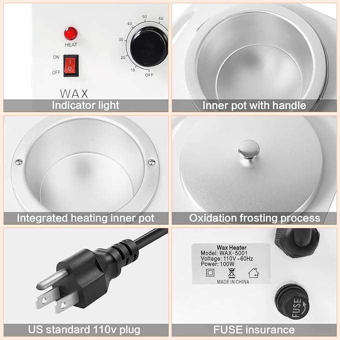 1.2L Double Wax Warmer Machine for Hair Removal, Professional Electric Wax Heater with Adjustable Temperature, Including 40PCS Wooden Wax Sticks