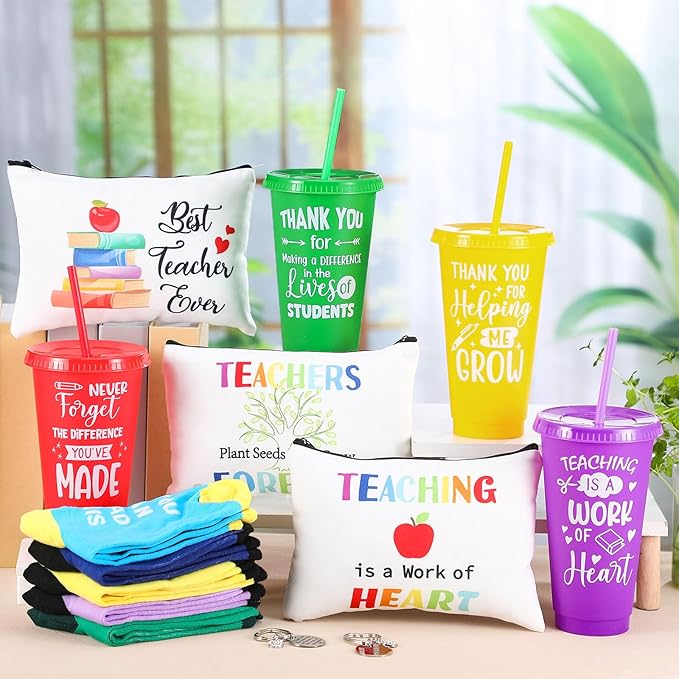 24 Pcs Teacher Appreciation Gift from Students 2025 Teachers' Day Thank You Gifts Bulk 24 oz Plastic Tumbler Cup Makeup Cosmetic Bag with Zipper Crew Sock Keychain for Retirement(Vibrant)