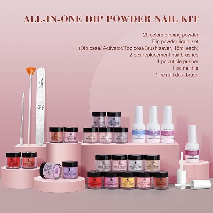 Saviland 31 PCS Dip Powder Nail Kit Starter: 20 Colors Giltter Red Nail Dip Powder Kit with Base Top Coat Activator Dip Powder Kit for French Nail Art Manicure DIY Salon