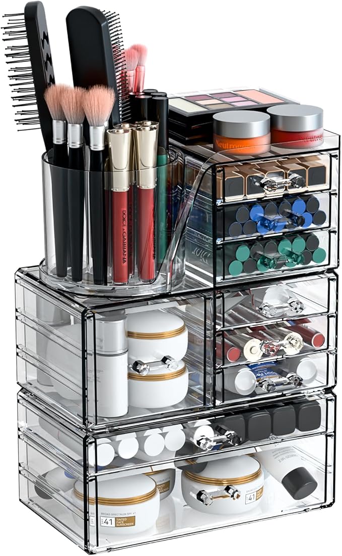 3 Pack Make up Organizers for Vanity & Counter,Clear Acrylic Cosmetic Storage Organizer With Brush Holder,Cute Makeup Holder for Dresser,Dorm,Bathroom Beauty Products,Lipstick and Skin Care Organizer
