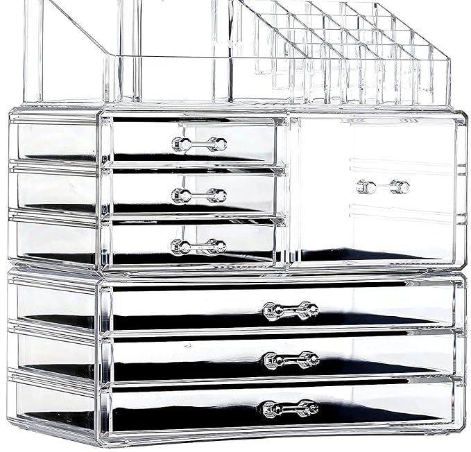 Cq acrylic 3 Pack Clear Make Up Organizers for Vanity,Stackable 7 Drawers Make Up Organizer,Cute Desk Organizer for Vanity Jewelry,Hair Clip,Beauty,Skincare Product Dresser Acrylic Drawer Organizer