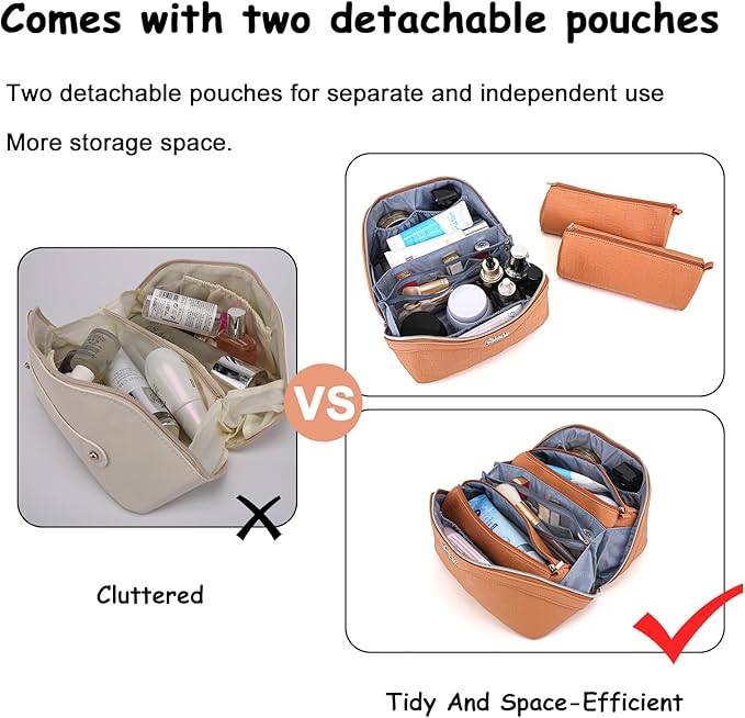 BOYATU Travel Makeup Bag Organizer Cosmetic Bag: 3 Pcs Set Make up Bags for Women with Handle - Waterproof Vegan Leather Toiletry Bags with Comparments (Orange)