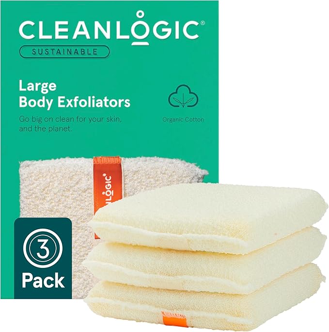 Cleanlogic Organic Cotton Exfoliating Body Scrubber, Reusable Exfoliator Tool for Smooth Skin, Daily Skincare Routine, Natural, 3 Ct Value Pack