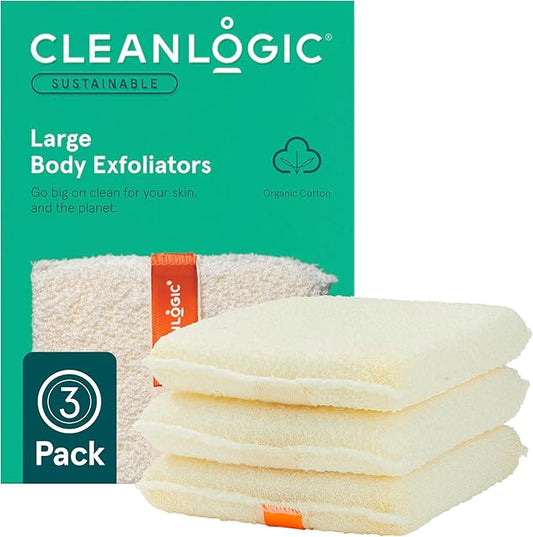 Cleanlogic Organic Cotton Exfoliating Body Scrubber, Reusable Exfoliator Tool for Smooth Skin, Daily Skincare Routine, Natural, 3 Ct Value Pack