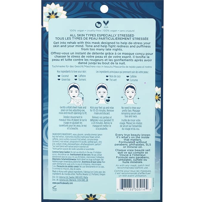Pacifica Beauty Stress Rehab Coconut and Caffeine Facial Mask, Skincare, Green Tea, Puffiness, Redness Relief, De Stress, Skin Care, Face Mask, Sheet Mask, Face Care, All Skin Types, Vegan (6 Sheets)