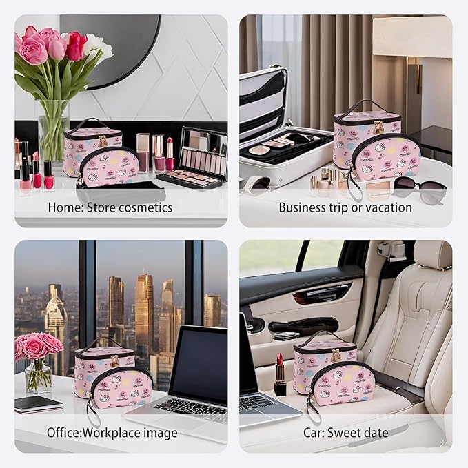 AmBealla Cosmetic Bag Large Makeup Bags Pink Travel Case with Makeup Brush Holder,2PCS Cosmetic Organizer for Women, Toiletry Storage Bag for Skincare & Beauty Tools Sweet Cute for Girls