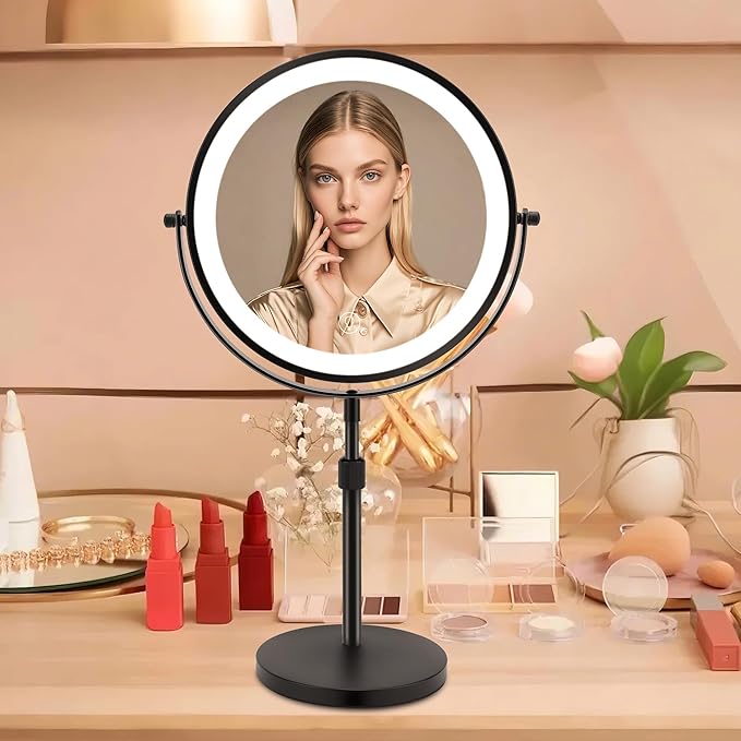 10x Large Lighted Makeup Mirror, Rechargeable 8.7" Double-Sided Vanity Mirror with 3 Color Dimmable Lights, 1X/10X Height Adjustable Magnifying Mirror, 360° Swivel, for Women Girl(Black)