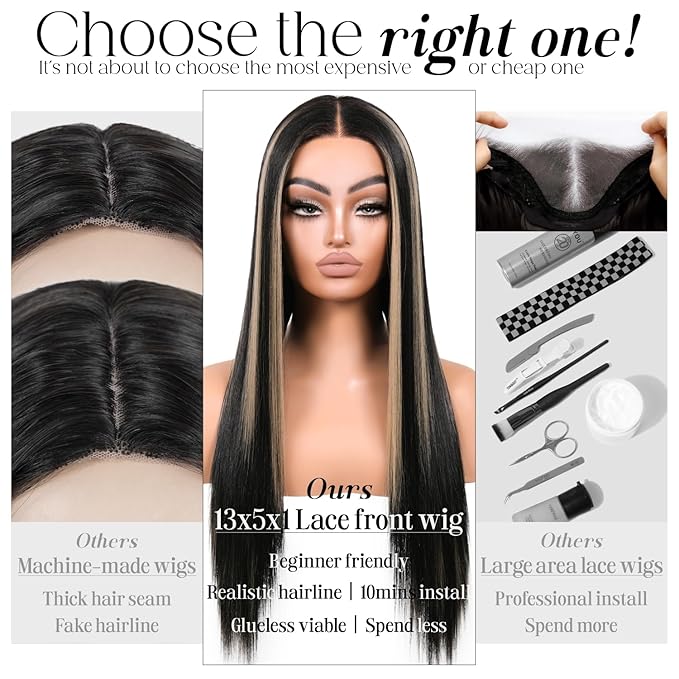 Black Mixed Blonde Lace Front Wig Straight Wigs for Women Synthetic Lace Front Black and Blonde Wigs Long Straight 13X5X1 HD Lace Front Wig Natural Looking Ready to Go Glueless Wig