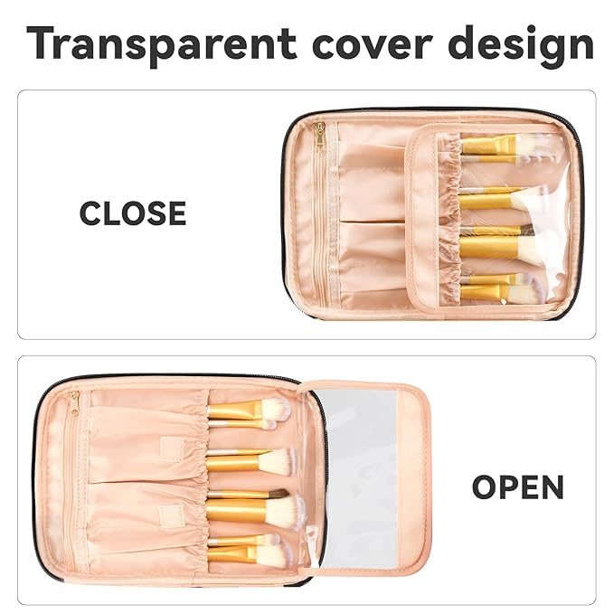 OCHEAL Large Makeup Bag for Women - Travel Cosmetic Organizer with Brush Holder & Dividers, Waterproof Leather Makeup Case, Portable Toiletry Bag for Makeup Brushes, Skincare, Accessories (Black)