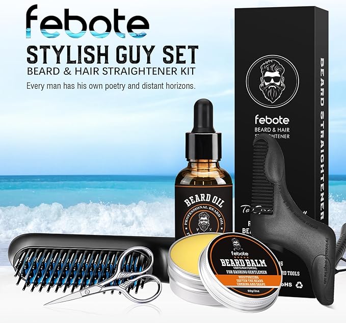 Innovation Blue Beard Straightener Kit w, Beard Balm, Beard Growth Oil, Beard Styling Comb & Scissors, Upgraded 5-in-1 Beard Set, Unique Stocking Stuffer Gifts for Friend, Father & Him