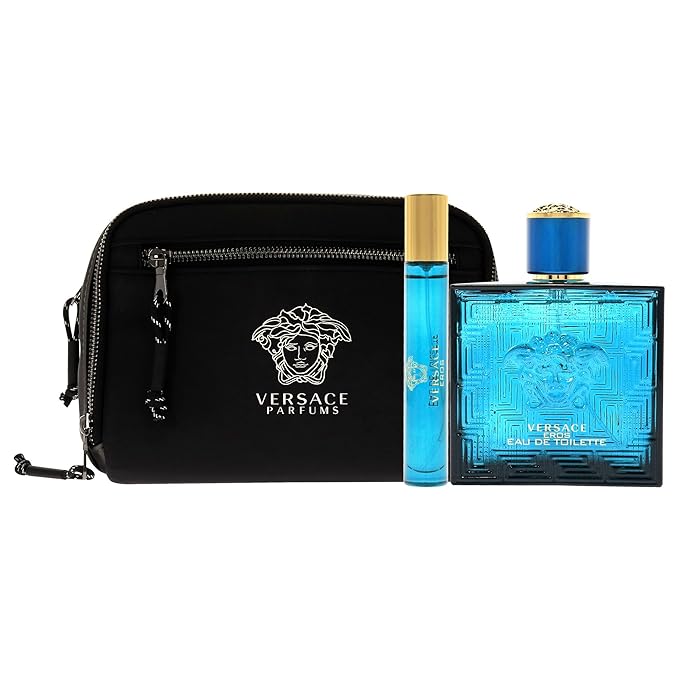 Versace Versace Eros 3.4oz EDT Spray, 0.3oz EDT Spray, Pouch Men 3 Pc Gift Set