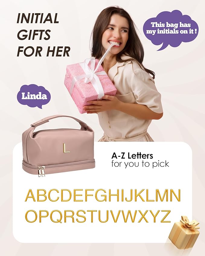 Gifts for Girl, Personalized Makeup Bag with Handle, Initial Double Layer Cosmetic Bag with Makeup Brush Organizer, PU Leather Travel Toiletry Bag, Gifts for Friends Female Mom