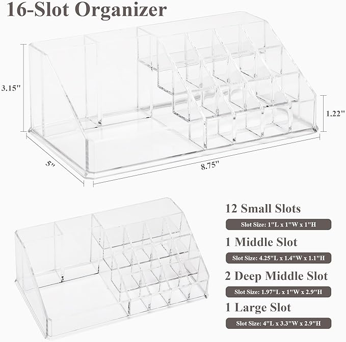 Sea Team 16-Slot Acrylic Plastic Lipstick Organizer, Clear Lipstick Holder, Makeup Storage Box, Cosmetic Display Case for Lippie, Lip Gloss, Eye Liner, Eyebrow Pencil, Nail Polish, Essence, Brush