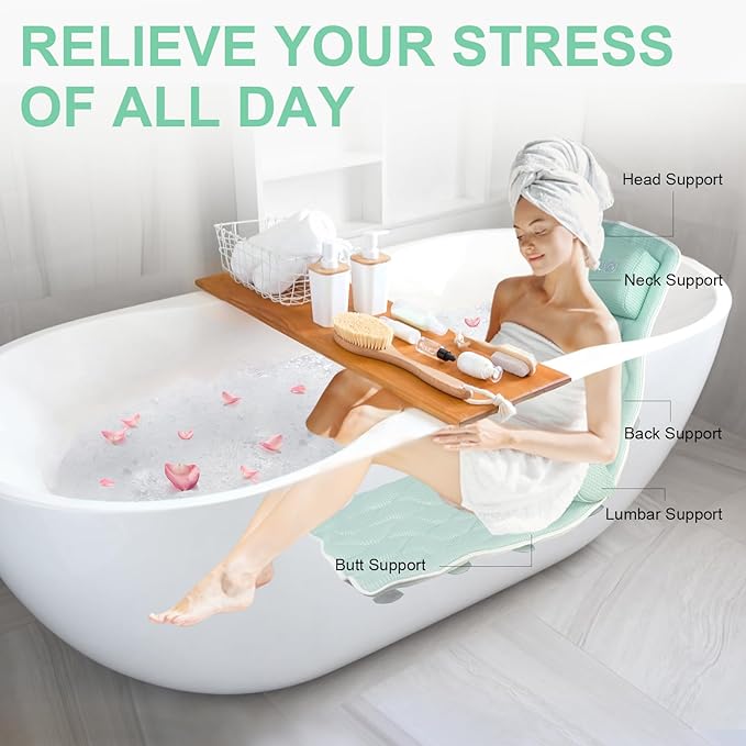 Full Body Bath Pillow Bathtub Pillows-Removable Lumbar Cushion with 17 Non-Slip Suction Cups 4D Air Mesh Fit Any Tub Luxury Bathroom Accessories-Green