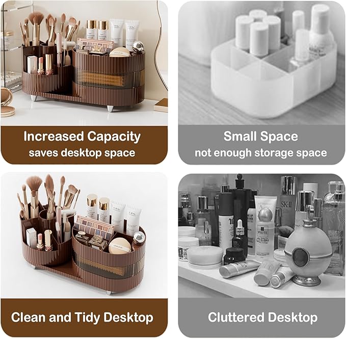Rotating Makeup Organizer for Vanity with Brush Holder and Drawer, 3 Layer Cosmetic Makeup Storage, Large Makeup Skincare Organizer, Countertop Makeup Perfume Organizer, Lotions Display Case (Brown)