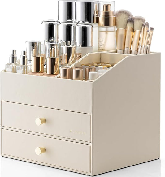 Vlando Makeup Organizer for Vanity,Large Capacity Countertop Organizer with Drawers, PU Leather Cosmetic Display Case for Lipstick,Brushes,Skincare,Bathroom and Bedroom Storage (Beige)