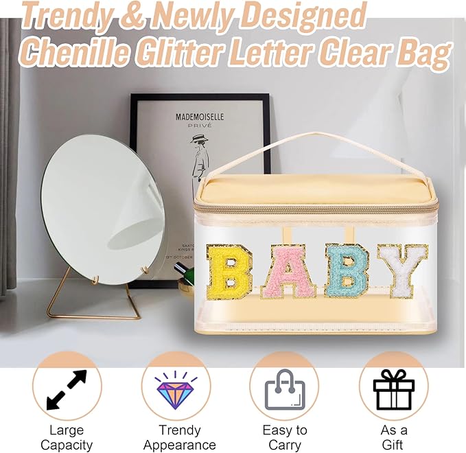 2 Pcs Chenille Letter Clear Makeup Bags Mama Baby Pouch, Preppy Patch Makeup Bag Mama Baby Hospital Duffle Bag Zipper with Handle, Travel Baby Toiletry Bag Nylon Cosmetic Handbag for Women(MAMA+BABY)