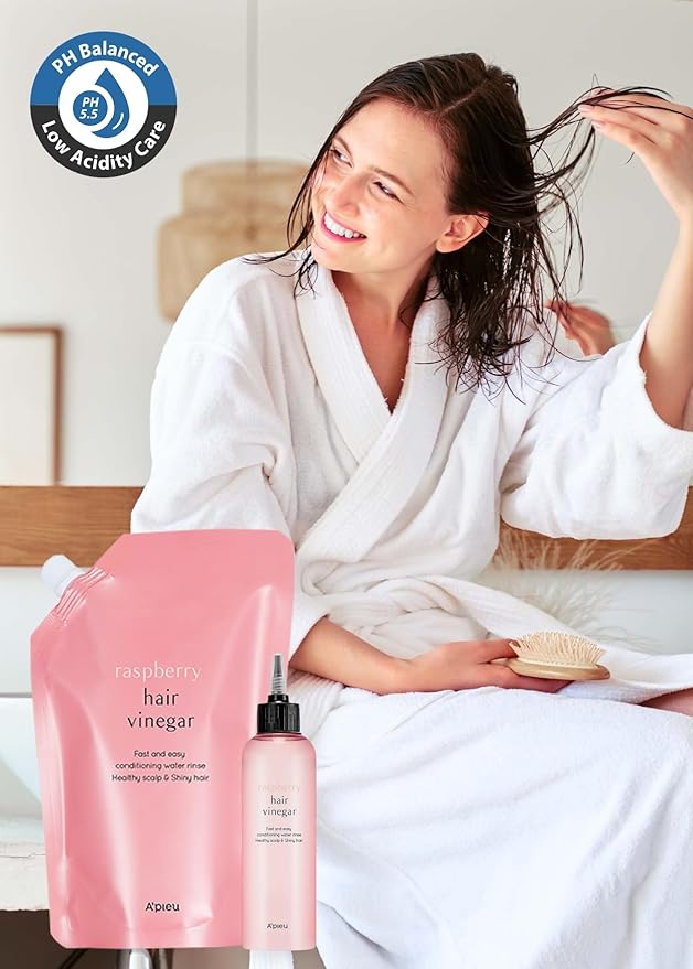 A’PIEU Raspberry Hair Vinegar Rinse & Refill Bundle 6.76 + 13.6 fl oz - Scalp Treatment for pH Balance | Clarifying, Dandruff & Oil Control | Silky, Shiny Hair