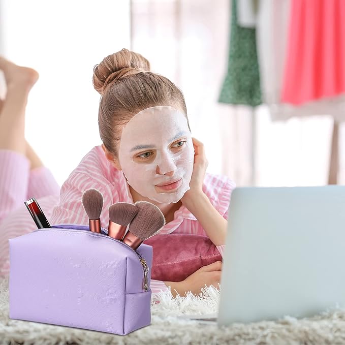 Sanwuta 9 Pcs Preppy Makeup Bag PU Leather Cosmetic Bag Makeup Pouch Plain Waterproof Toiletry Organizers for Traveling Preppy Travel Purse End of the Year Teacher Gifts Bulk(Purple)