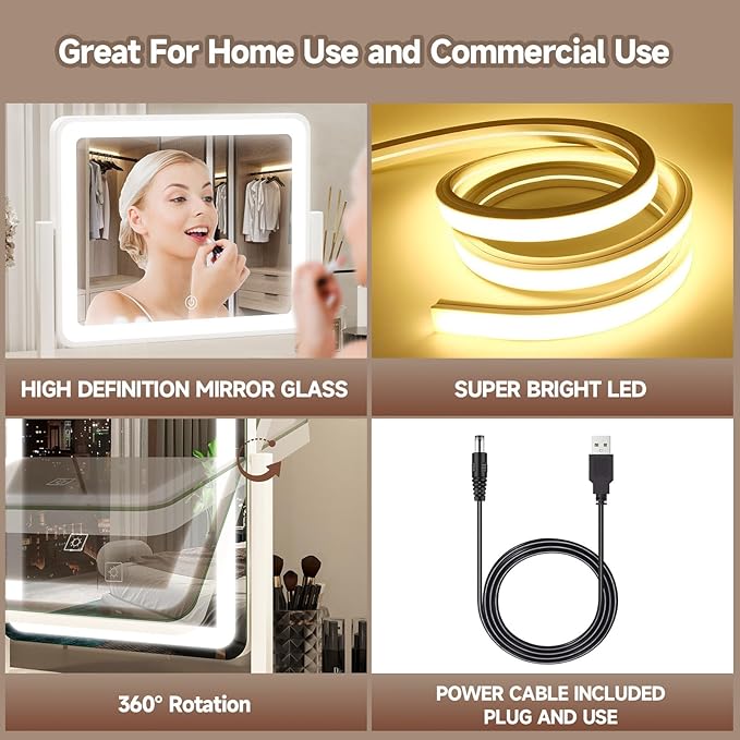 PRIMETEK LED Vanity Mirror with Gift Box, 14"x12" LED Lighted Makeup Mirror, Makeup Mirror with Lights, 3-Color Lighting, 5X Magnification, for Desk Tabletop, Bedroom, Gifts for her