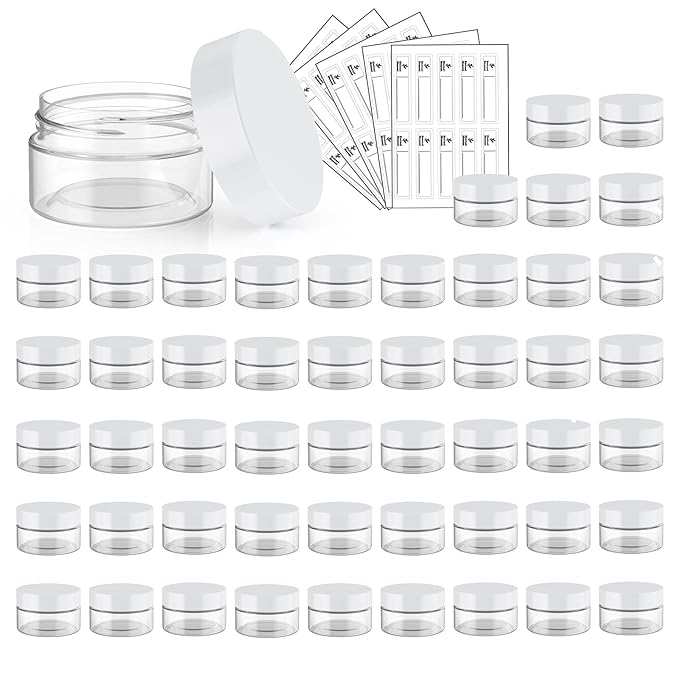 50 Pack 1 OZ Plastic Jars Round Clear Cosmetic Container Jar with White Lids, Eternal Moment Plastic Slime Jars for Lotion, Cream, Ointments, Makeup, Eye shadow, Rhinestone, Samples, Travel Storage