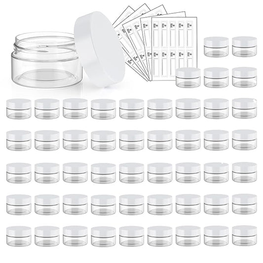 50 Pack 1 OZ Plastic Jars Round Clear Cosmetic Container Jar with White Lids, Eternal Moment Plastic Slime Jars for Lotion, Cream, Ointments, Makeup, Eye shadow, Rhinestone, Samples, Travel Storage