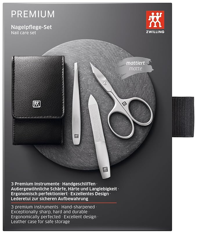 TWINOX manicure nail set 3 pieces, pedicure care for hands and feet made of nappa leather, travel size, Black