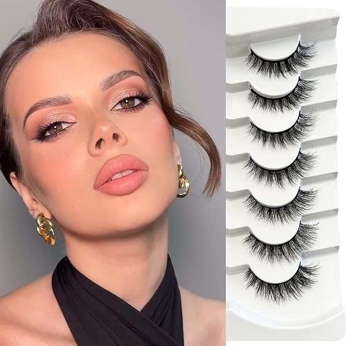 NINGLASH Wispy Lashes Strips False Eyelashes Natural Look 14mm Faux 3D Mink Lashes 7 Pairs Fluffy Cat Eye Lash Pack