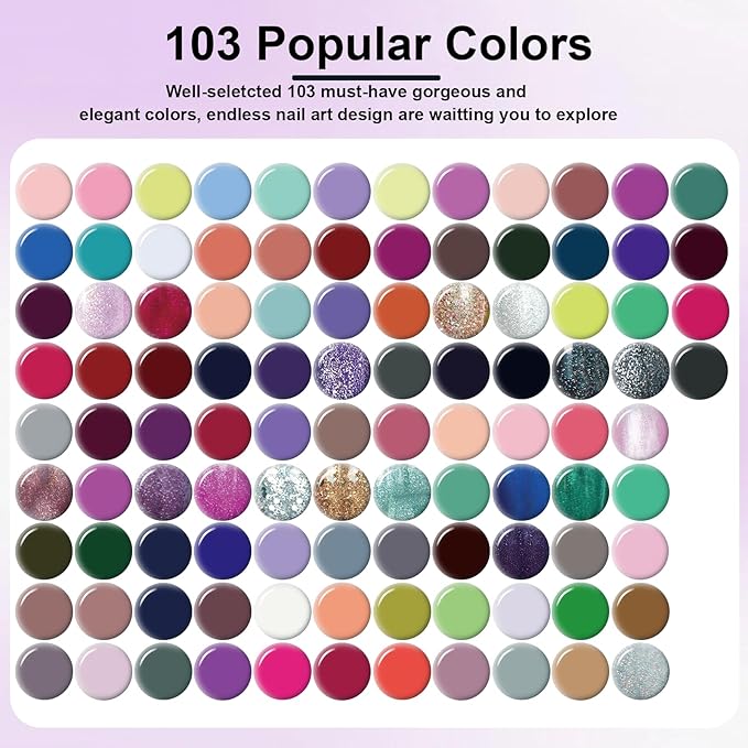 103 Colors Gel Nail Polish Set, Multi-Colored Gel Polish With 5 Pcs Base Coat Glossy Matte and Glossy Top Coat Nail Set