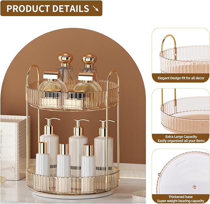 360° Rotating Makeup Organizer for Vanity - 2 Tier Perfume Organizer with Large Capacity - Skincare Organizer for Bathroom Counter - Space-Saving Cosmetic Storage for Dresser Countertop (Gold)