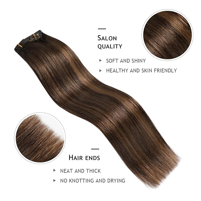 YILITE Hair Extensions Clip in Human Hair 8Pcs 120Gram/Pack #2/6/2 Balayage Dark Brown to Chestnut Brown Silky Remy Human Hair Double Weft Straight Real Hair Extensions Clip ins Thick