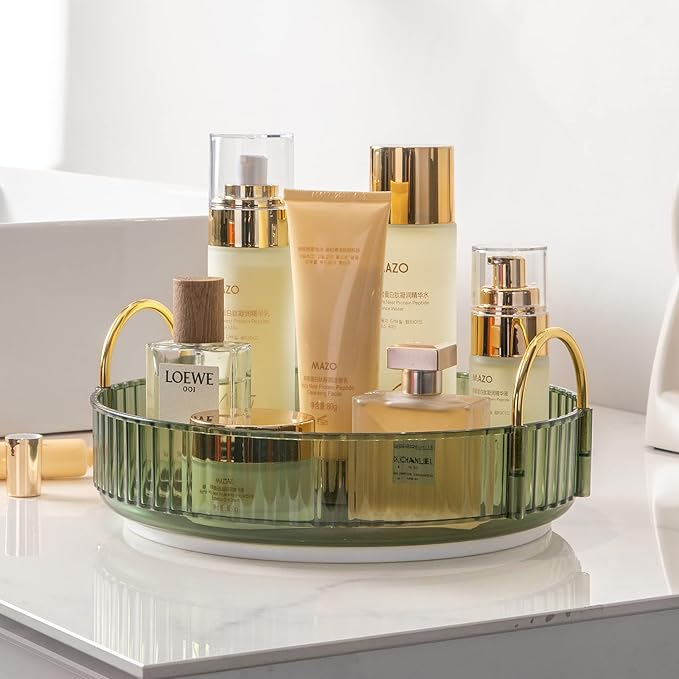 360° Rotating Makeup Organizer, Bathroom Make Up Spinning Holder Rack, Large Capacity Cosmetics Storage Vanity Shelf Countertop, Fits Cosmetics, Perfume, Skincare, Lipsticks(1 Tier, Green)