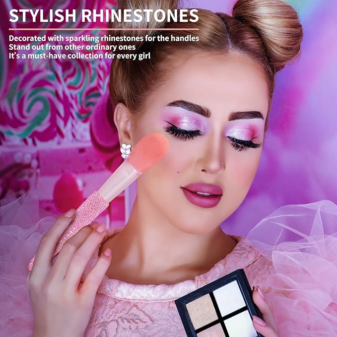 Professional Makeup Brushes Set 11PCS Bling Rhinestone Face Cosmetics Blending Liquid Foundation Powder Concealer Eye Shadows Make Up Beauty Tool Glitter (Pink)