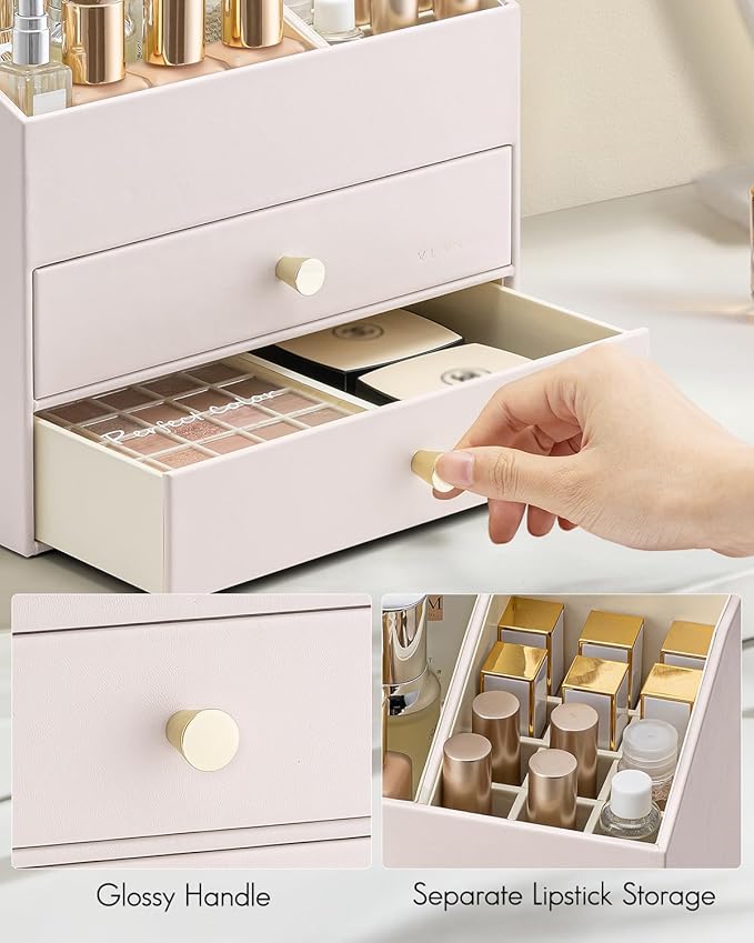Vlando Makeup Organizer,Skincare Organizer for Vanity,PU Leather Make up Organizer with Drawers Cosmetic Display Case for Countertop,Bathroom,Gifts Ideas for Women (Apricot White)