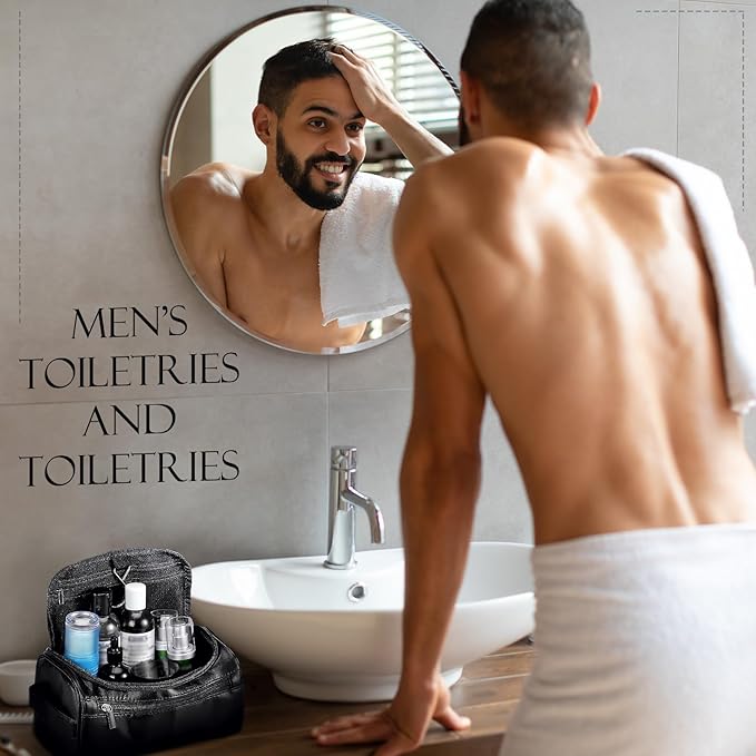 Aliceset 6 Pcs Groomsmen Gift Groomsmen Toiletry Bags Set of 6 Leather Toiletry Bag for Men with Hook Leather Wedding Proposal Bag with Side Handle Father Gift(Black)