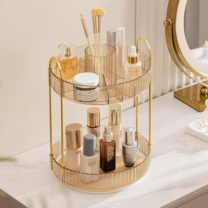 HBlife 360 Rotating Makeup Organizer, 2 Tier Perfume Organizer Skincare Organizer Large Capacity Cosmetic Storage for Bathroom, Vanity, Countertop, Glod