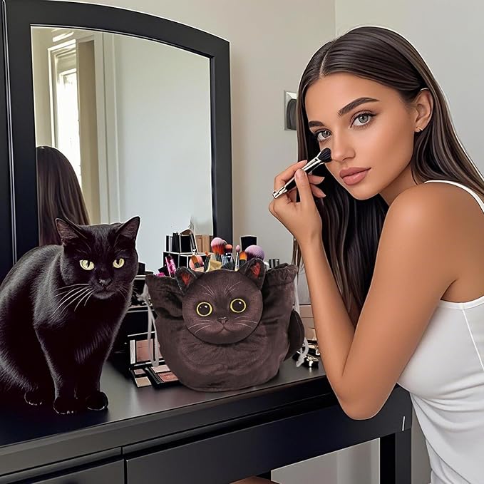 Drawstring Makeup Bag, Cat Makeup Bag, Travel Makeup Organizer, Cosmetic Pouch Bag, Cat Gift for Women, Lay Flat Makeup Bag Gifts for Cat Lovers