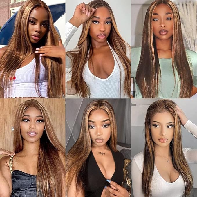 Azkiu 30Inch Highlight Ombre Lace Front Wig Human Hair Pre Plucked 13x4 HD Transparent 4/27 Honey Blonde lace frontal Wigs with Baby Hair 180% Density Colored Straight Lace Front wig Human Hair