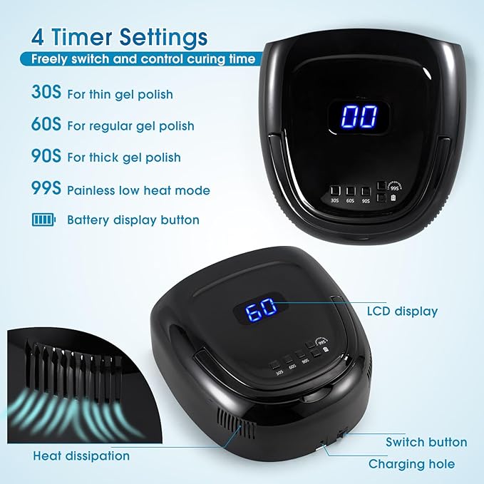 60W Rechargeable LED Nail Lamp, Cordless Gel Lamp with Portable Handle & 42pcs Lamp Beads, Automatic Sensor UV LED Nail Dryer, 4 Timers Professional UV Light for Gel Nails