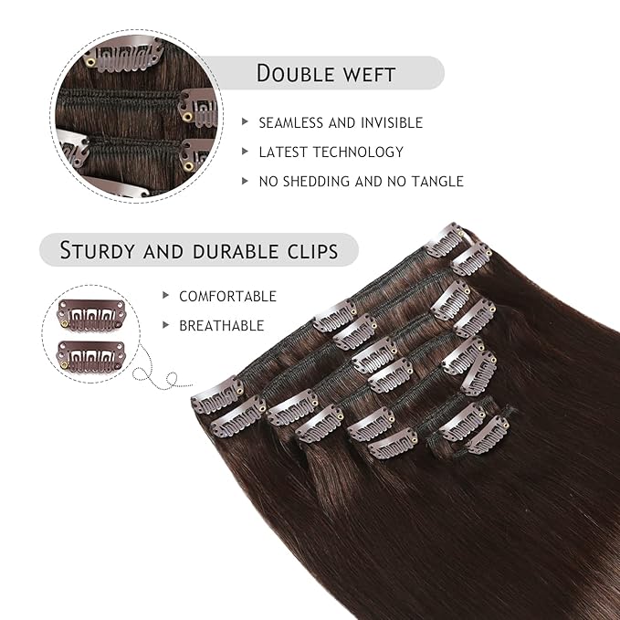 Yilite Clip in 18 Inch 120g 8pcs Real Human Hair Natural Silky Double Weft Hair Extensions (18inch #2 Dark Brown)