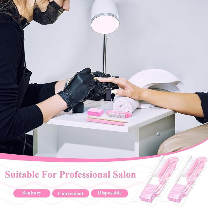 100 Sets Professional Disposable Manicure Kit Basics 4 Piece Nail Kit Wood Nail File 100/180 Grit, Mini Buffer 80/100 Grit, Wood Stick and Handle Grip Brush Gifts(Pink)
