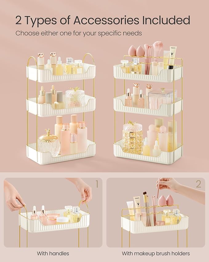 SONGMICS Makeup Organizer, 3-Tier Skincare Organizer Countertop, Customizable, 2 Types of Accessories, Jewelry Holder, for Vanity, Bedroom, Bathroom, Cloud White UJKA013W02