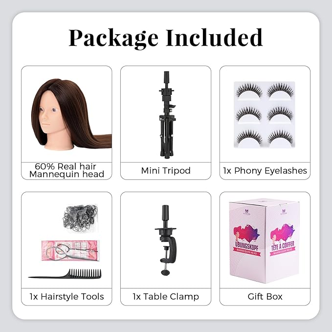 28 Inch Mannequin Head 60% Real Hair with Tripod Stand,Make up Cosmetology Manikin Practice Doll Head with Hair,Braiding Hairdressing Head for Hair Styling with Table Clamp + DIY Hair Styling Set #4
