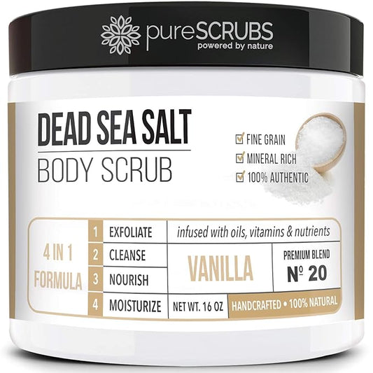 pureSCRUBS Premium Vanilla Body Scrub Set - Large 16oz Dead Sea Salt Body Scrub With Infused Essential Oils & Nutrients, Includes Wooden Spoon, Loofah & Oatmeal Exfoliating Bar Soap